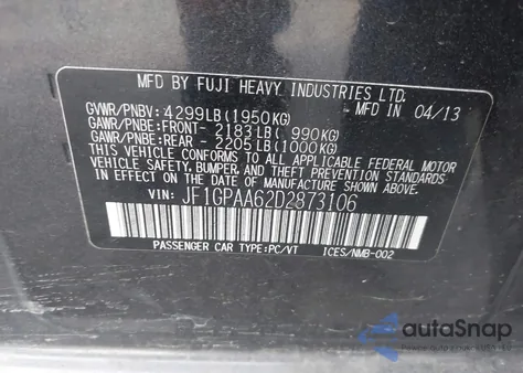 2013 Subaru Impreza 2.0I z USA, uszkodzony, nr VIN JF1GPAA62D2873106